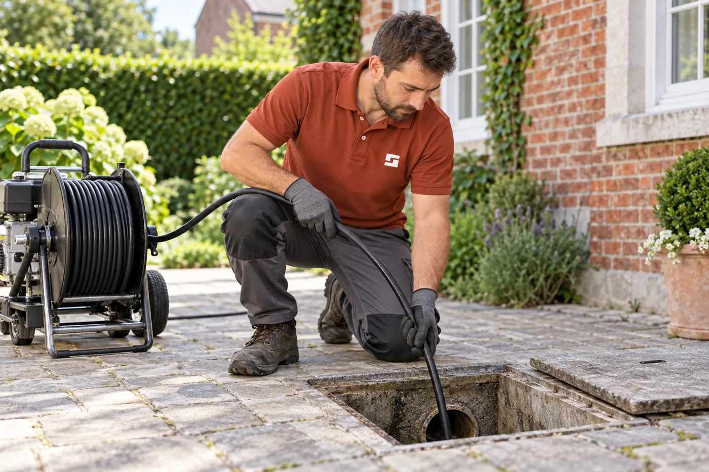 Plombier guidant le flexible d'hydrocurage dans un regard de cour d'une maison en brique de l'Oise