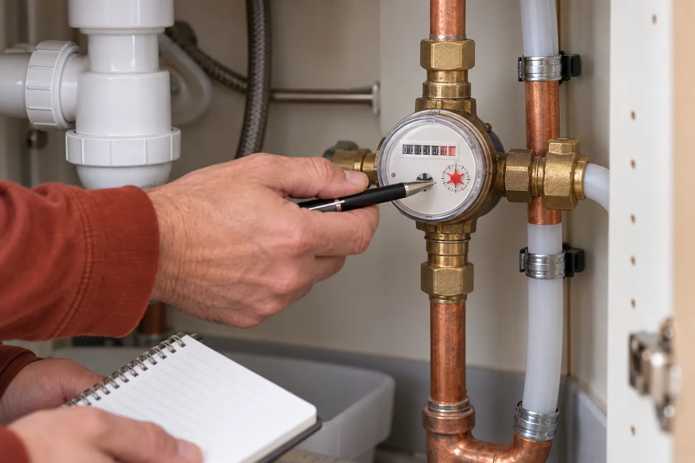 Compteur d'eau sur canalisation cuivre et PER, observé pour repérer une fuite